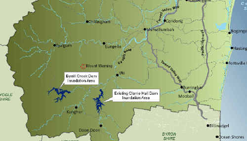 Proposed site for a dam at Byrrill Creek and the existing site of the Clarrie Hall Dam. Proposed site for a dam at Byrrill Creek and the existing site of the Clarrie Hall Dam.